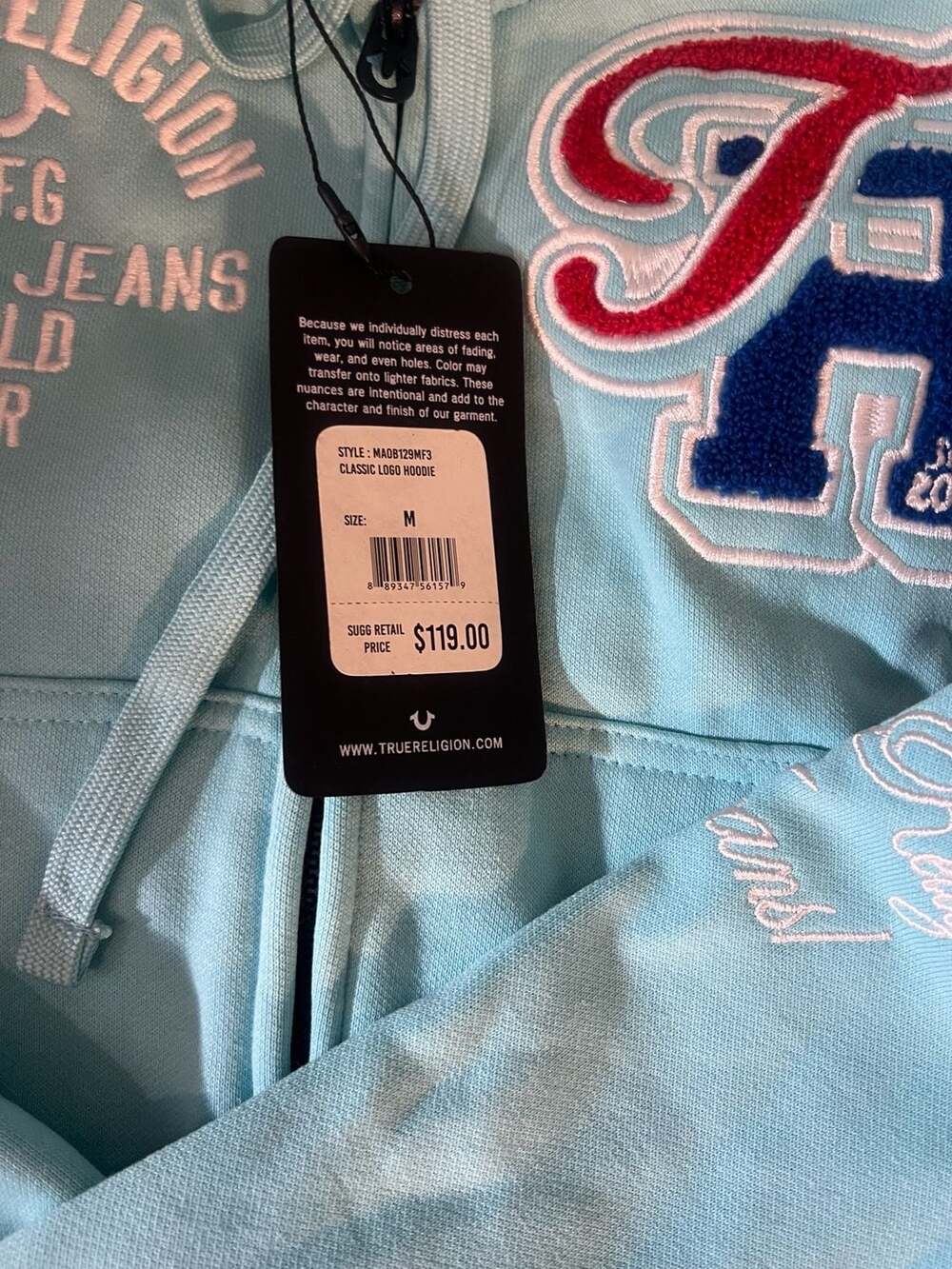 NWT True Religion Light Blue Collegiate 2002 Fleece Tracksuit Set Hoodie Medium - Picture 5 of 9
